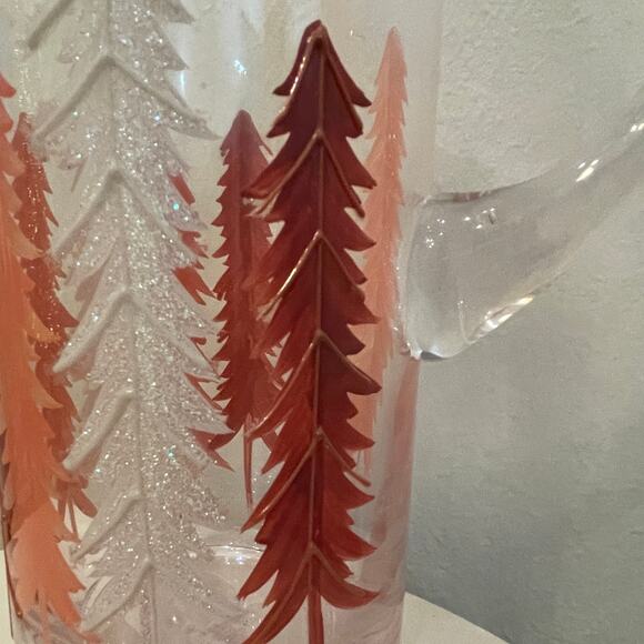 Hand-Painted Glass Pitcher Pink and White Christmas Pine Tree Forest New RARE - Picture 6 of 16